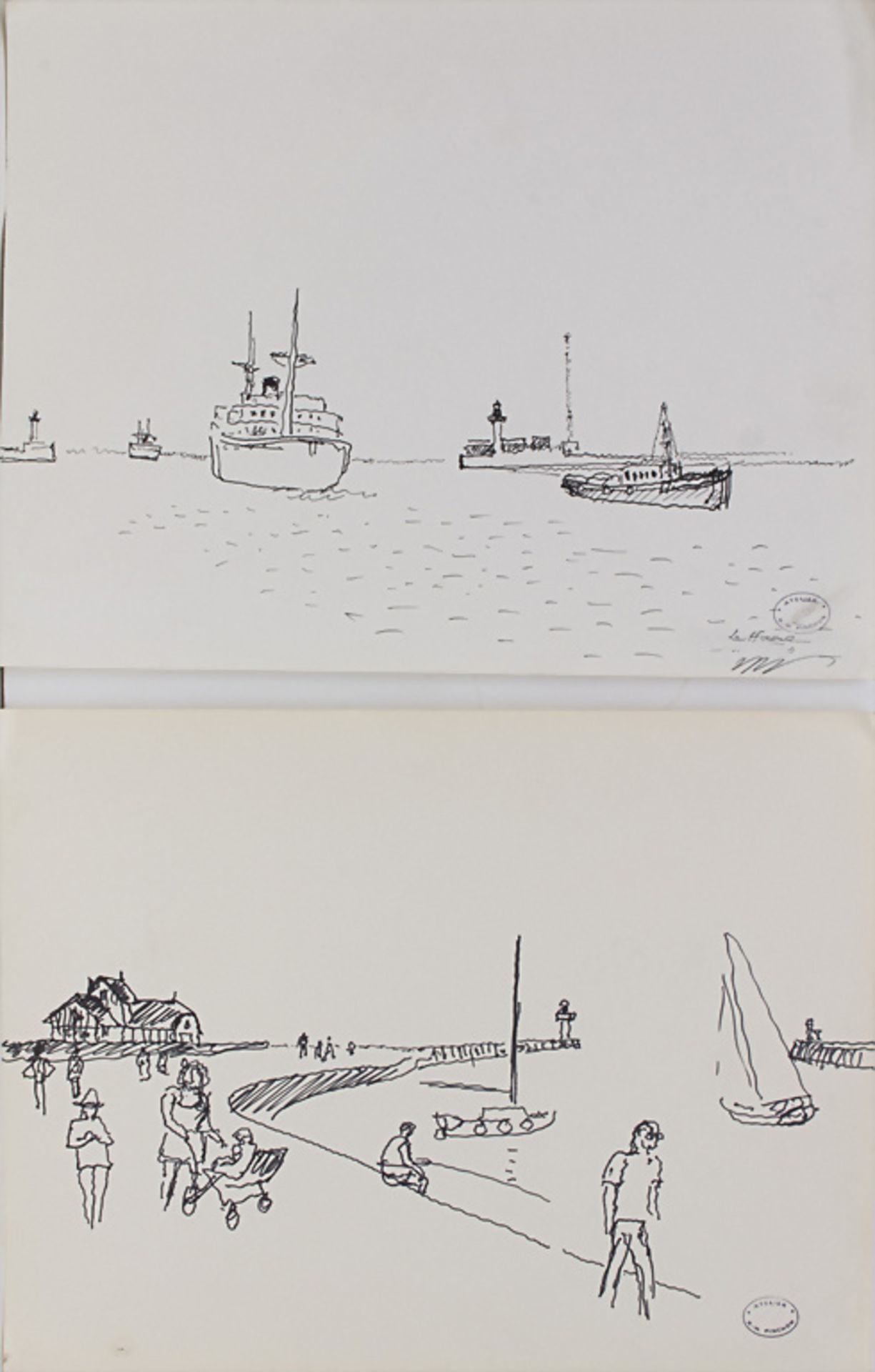 Robert Henri Pinchon (1889-?), 2 Zeichnungen 'Boote' und 'Hafenmole' / 2 drawings 'Boats' and ...