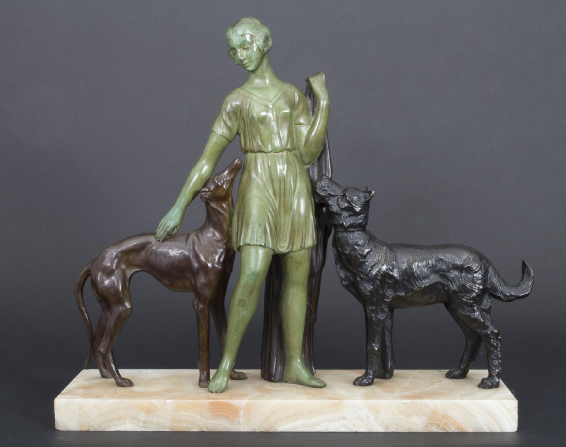 Zoltan KOVATS (1883 - 1952), Art Deko Bronze 'Dame mit Windhunden', Frankreich, um 1920