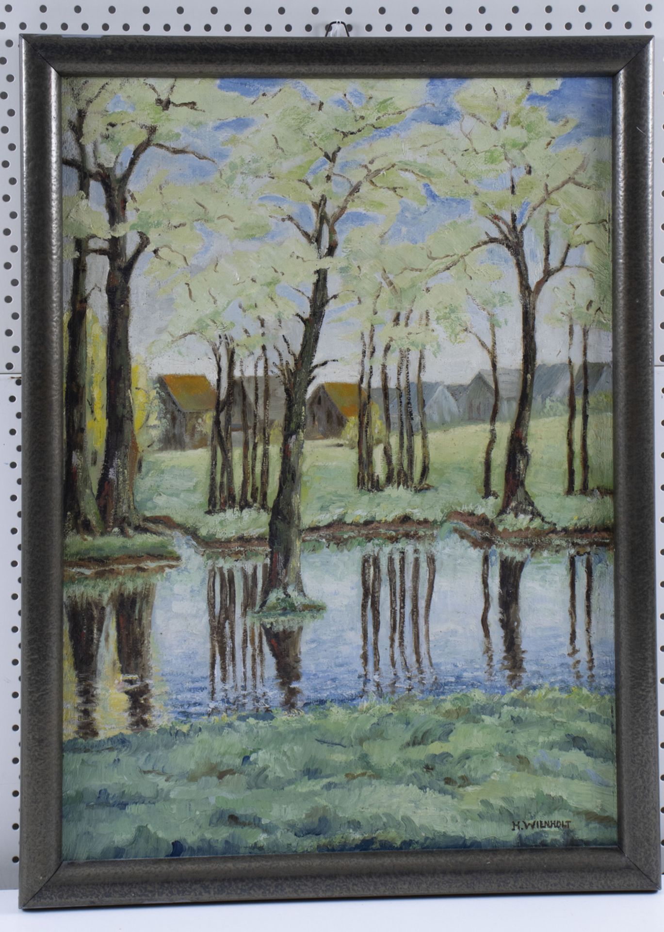 Signaturist des 20. Jh., 'Wasserlauf mit Bäumen und Dorf' / 'Waterway with trees and village' - Image 2 of 4