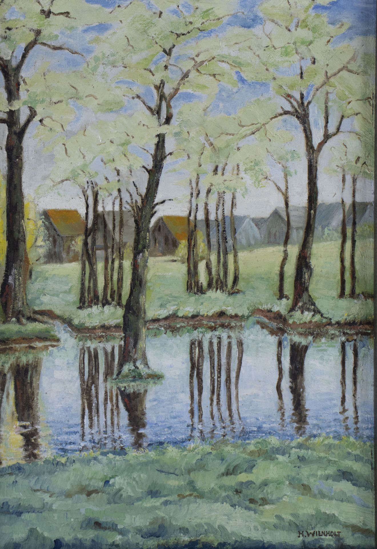 Signaturist des 20. Jh., 'Wasserlauf mit Bäumen und Dorf' / 'Waterway with trees and village'