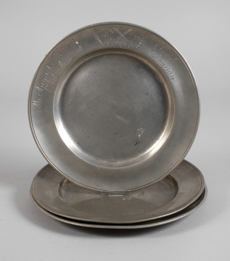 Three Plauen pewter plates