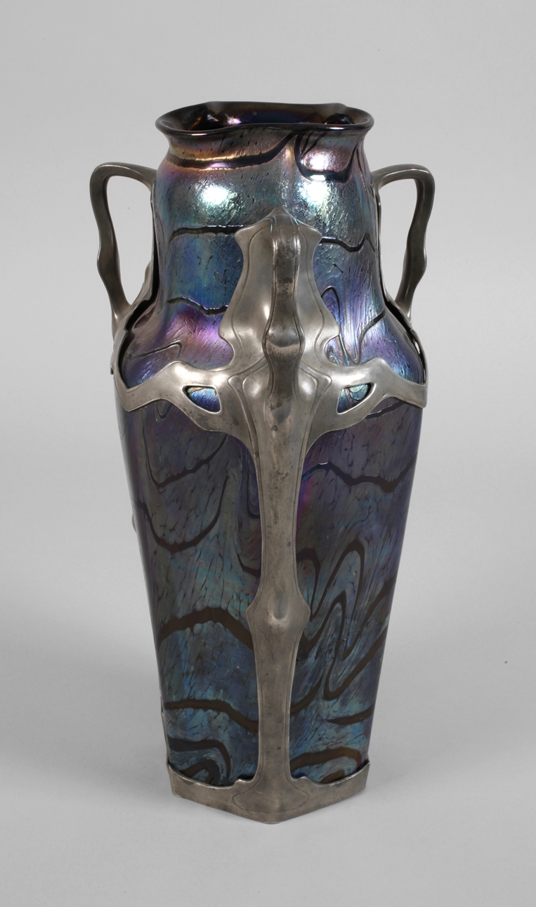 Kralik large pewter-mounted vase