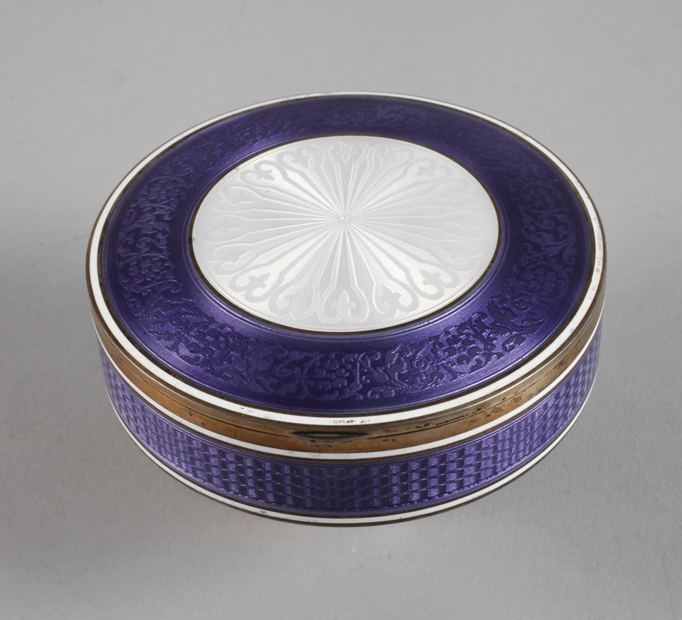 Round silver box with guilloché enamel