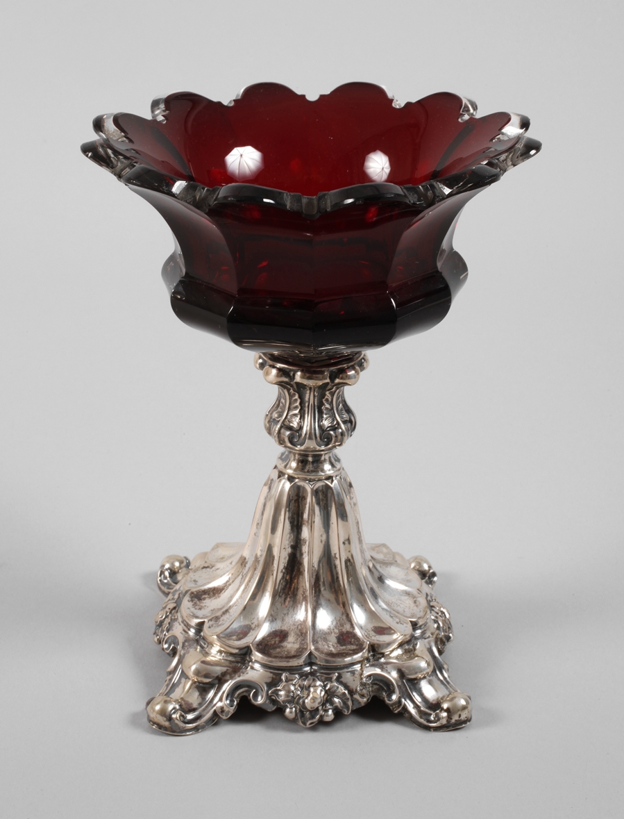 Silver tazza with ruby glass