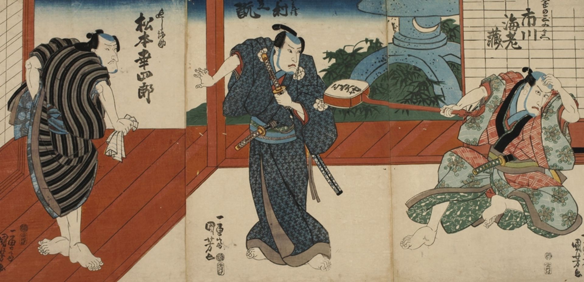 Dreiteiliger Farbholzschnitt Utagawa Kunisada (Toyokuni III.)