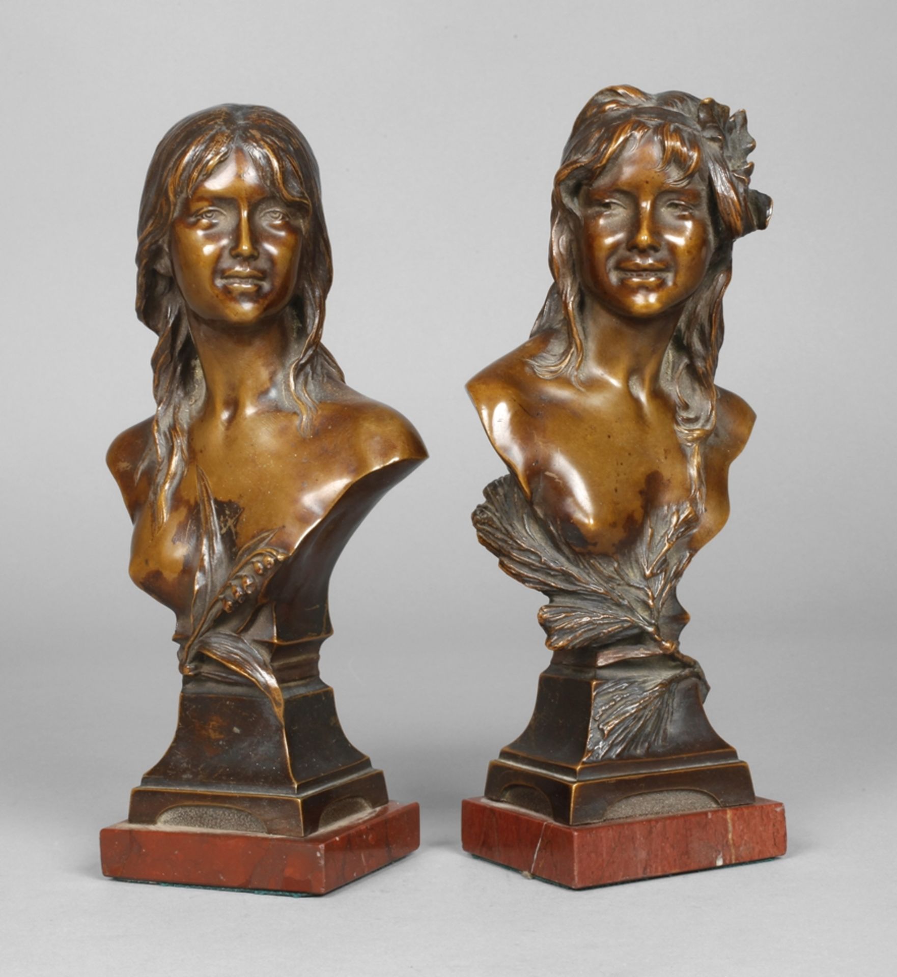 Paul Aichele, two busts of girls Art Nouveau 