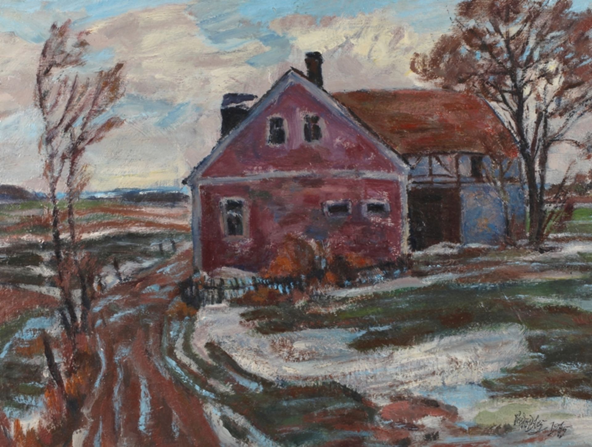 Fredo Bley, "Rotes Bauernhaus im Winter"</b>