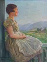 UNDEUTLICH SIGNIERT (XIX - XX). Junge Frau vor Landschaft.