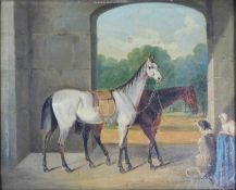 UNSIGNIERT (XIX - XX). 2 Pferde mit 2 Hunden.