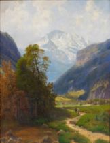 Josef SCHOYERER (1844 - 1923). Gebirgstal bei Interlaken, im Hintergrund die Jungfrau.
