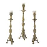 THREE TURNED BRONZE CANDLESTICKS 19TH CENTURY