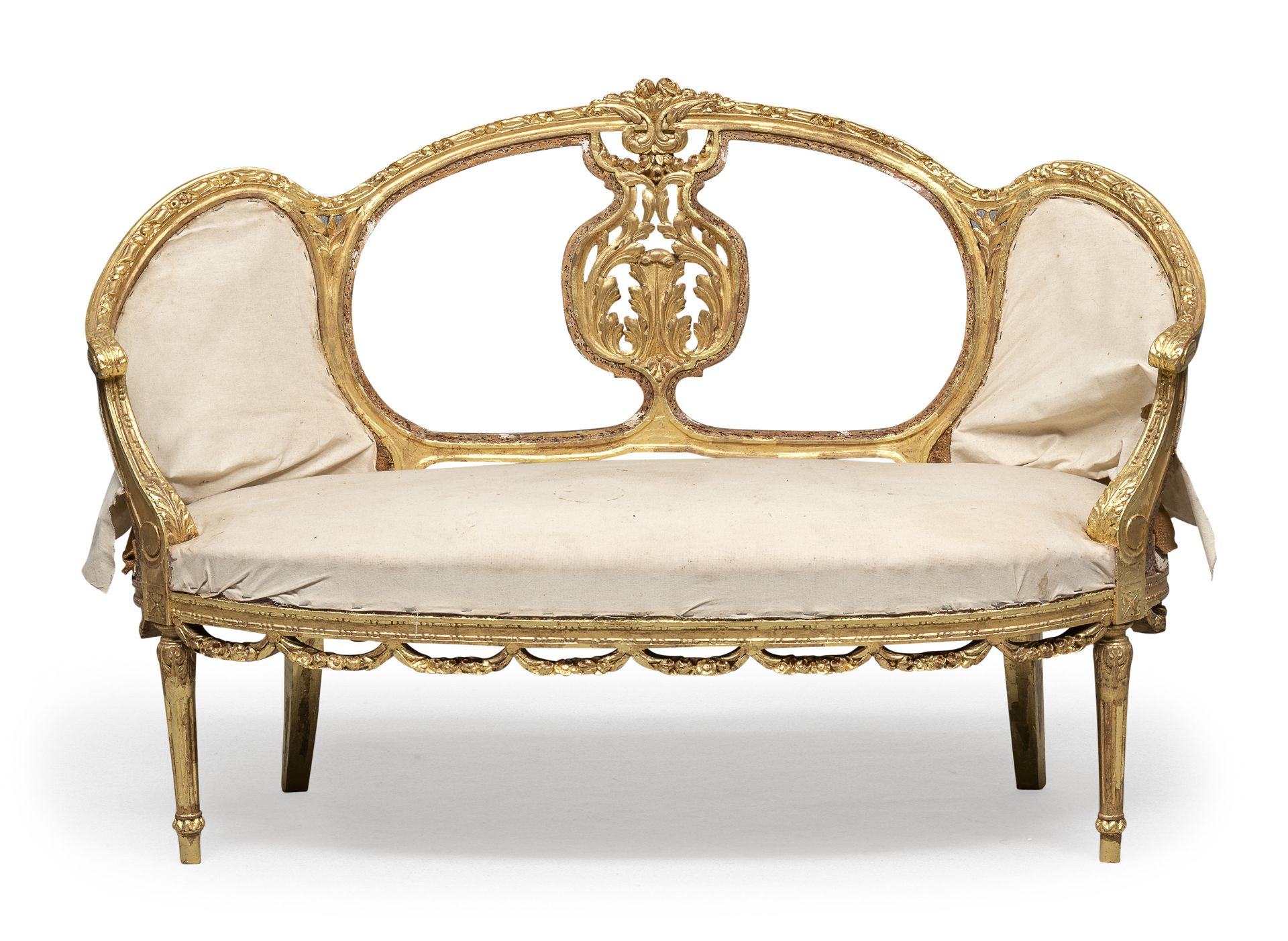 CORBEILLE SOFA IN GILTWOOD ANTIQUE ELEMENTS