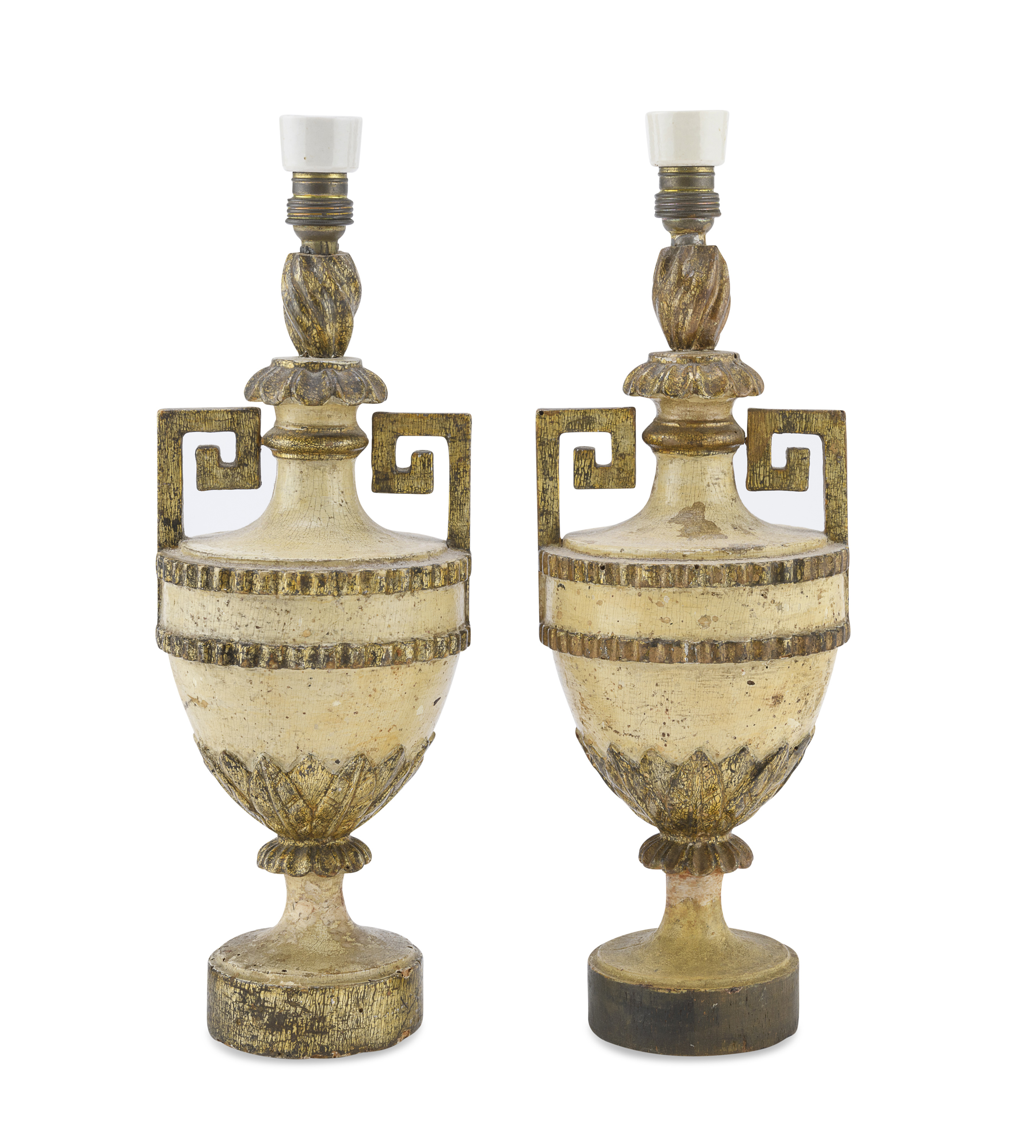 PAIR OF LACQUERED WOOD BALUSTERS ADAPTED TO LAMPS NAPLES EARLY 19TH CENTURY