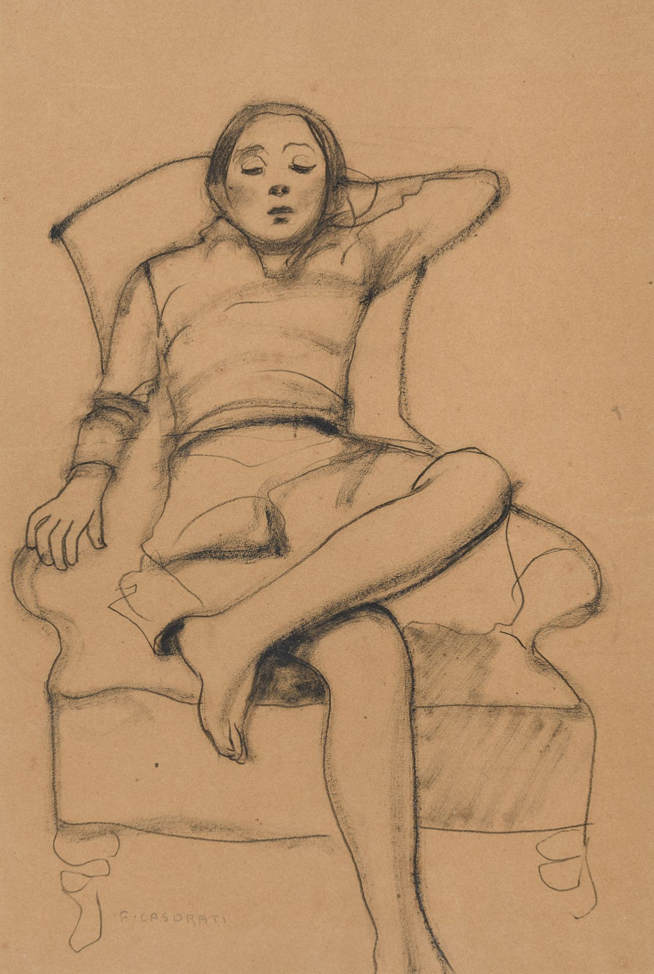 PENCIL DRAWING OF A SEATED GIRL BY FELICE CASORATI 1929