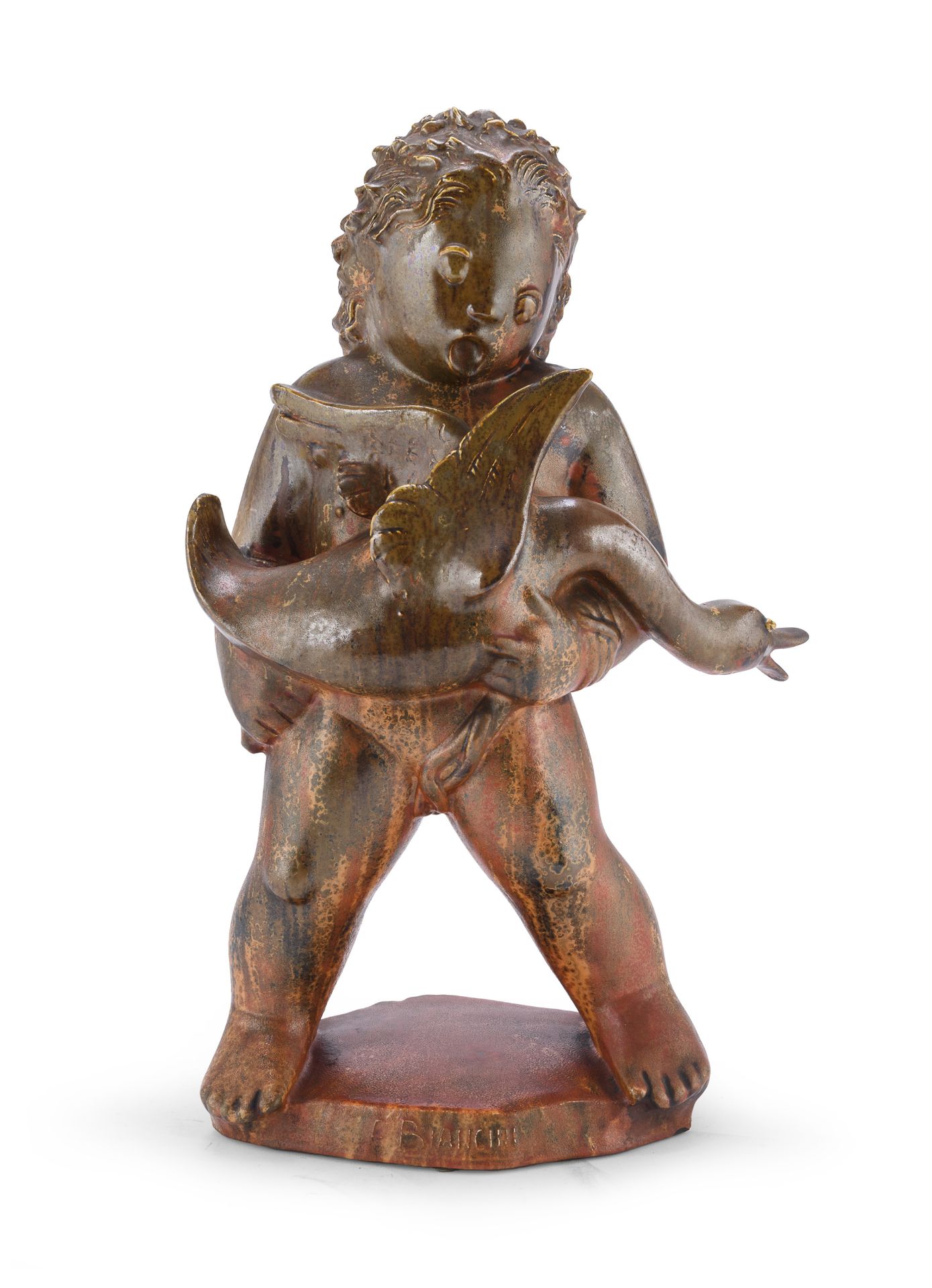 CERAMIC SCULPTURE PUTTO WITH GOOSE BY ANGELO BIANCINI 1938 ca. - Image 2 of 4