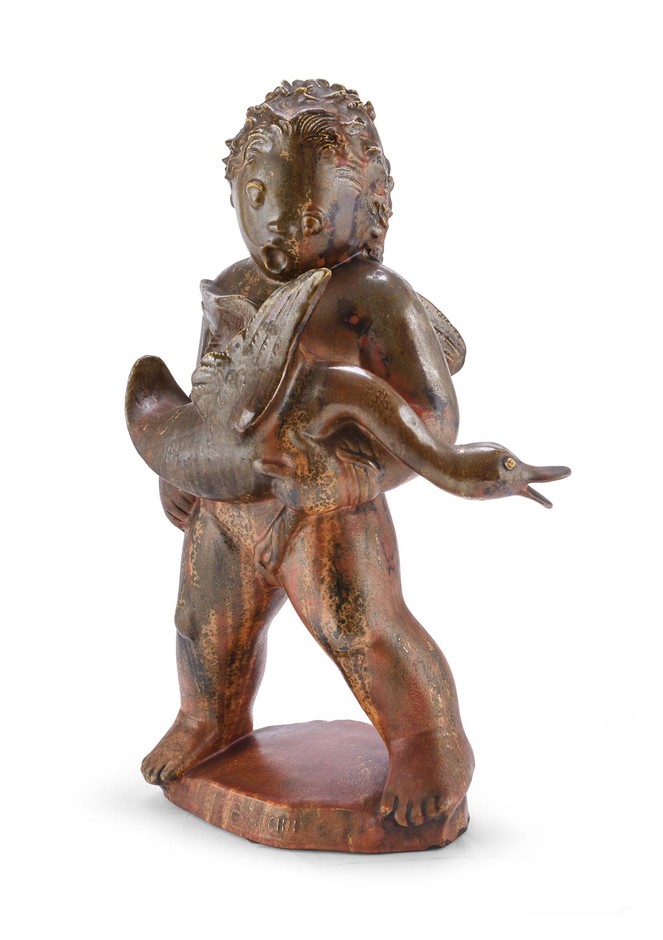 CERAMIC SCULPTURE PUTTO WITH GOOSE BY ANGELO BIANCINI 1938 ca.