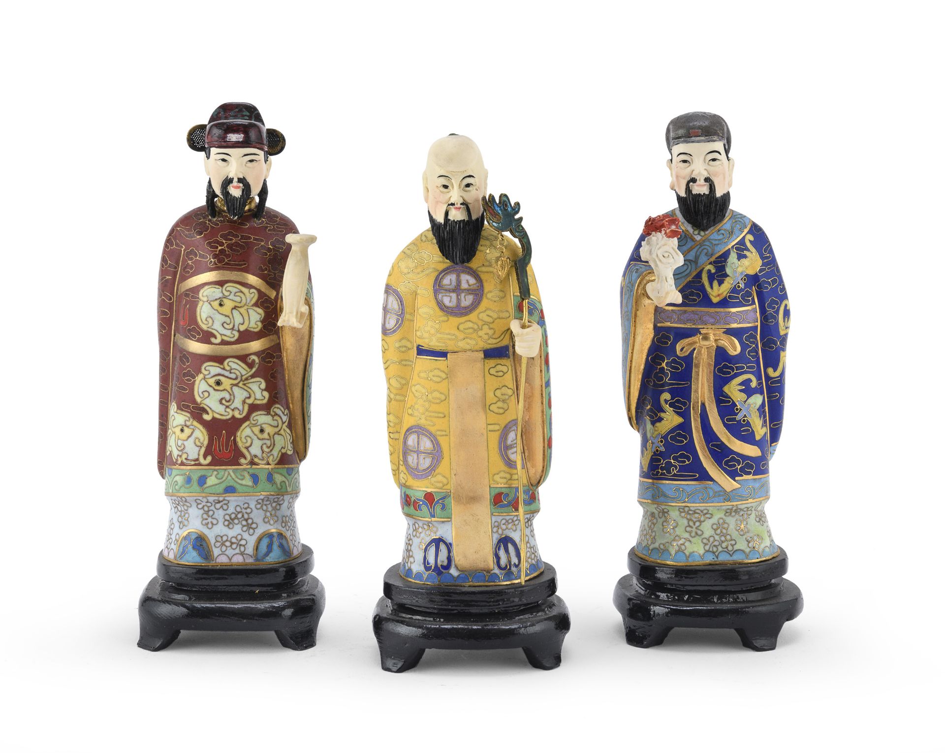 THREE METAL SCULPTURES WITH CLOISONNÈ ENAMELS AND RESIN CHINA 20TH CENTURY