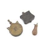 THREE BRASS AND COPPER GUNPOWDER CASES 18TH-19TH CENTURY