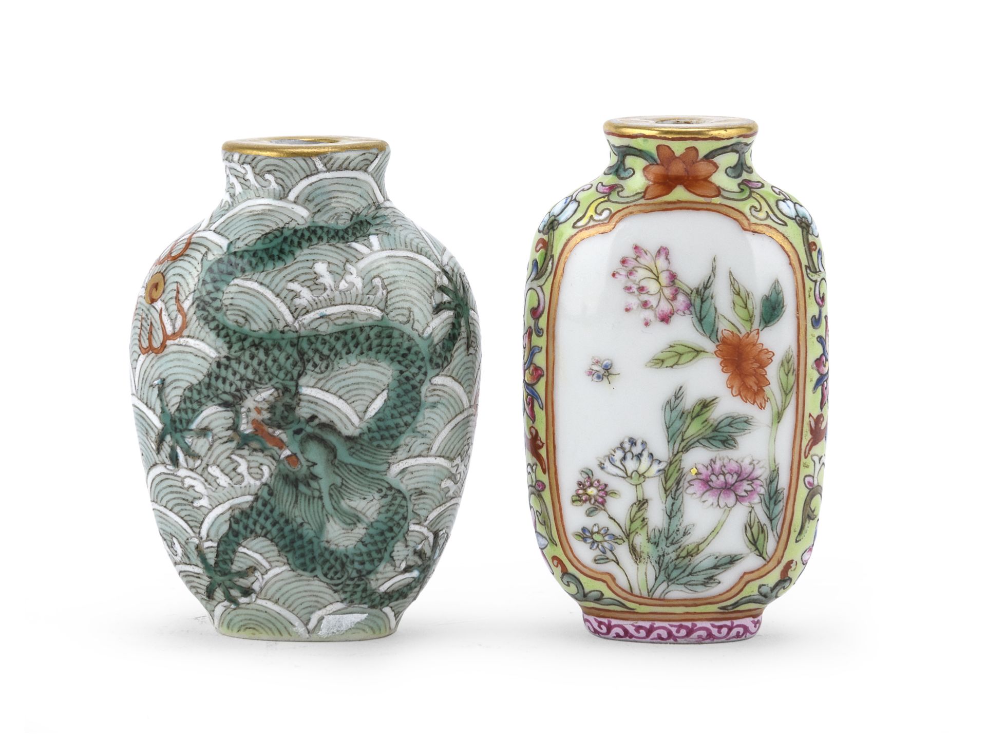 TWO POLYCHROME ENAMELED PORCELAIN SNUFF BOTTLES CHINA 20TH CENTURY