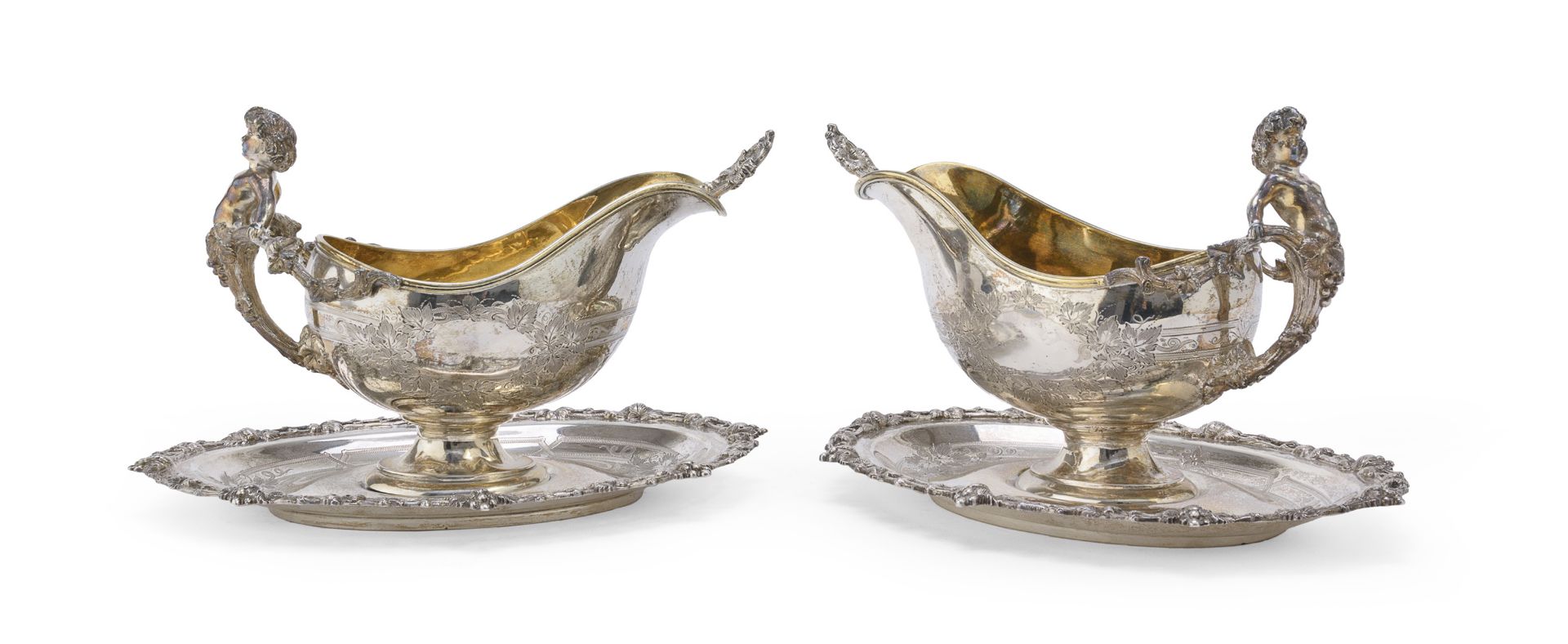 BEAUTIFUL PAIR OF SILVER AND SILVER-PLATED SAUCE BOATS SHEFFIELD 1880/1900