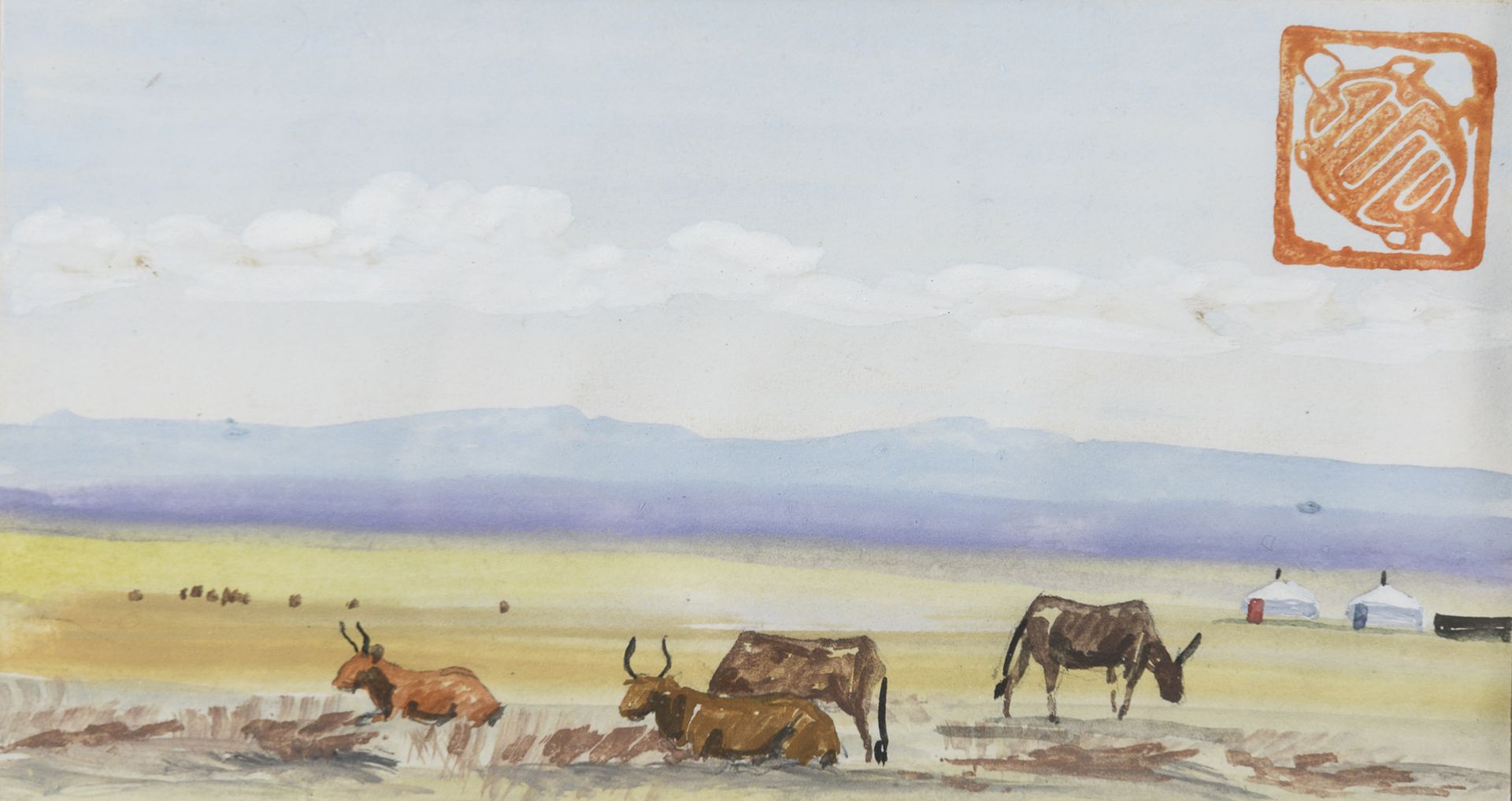 THREE MONGOLIAN MIXED MEDIA PAINTINGS 20TH CENTURY