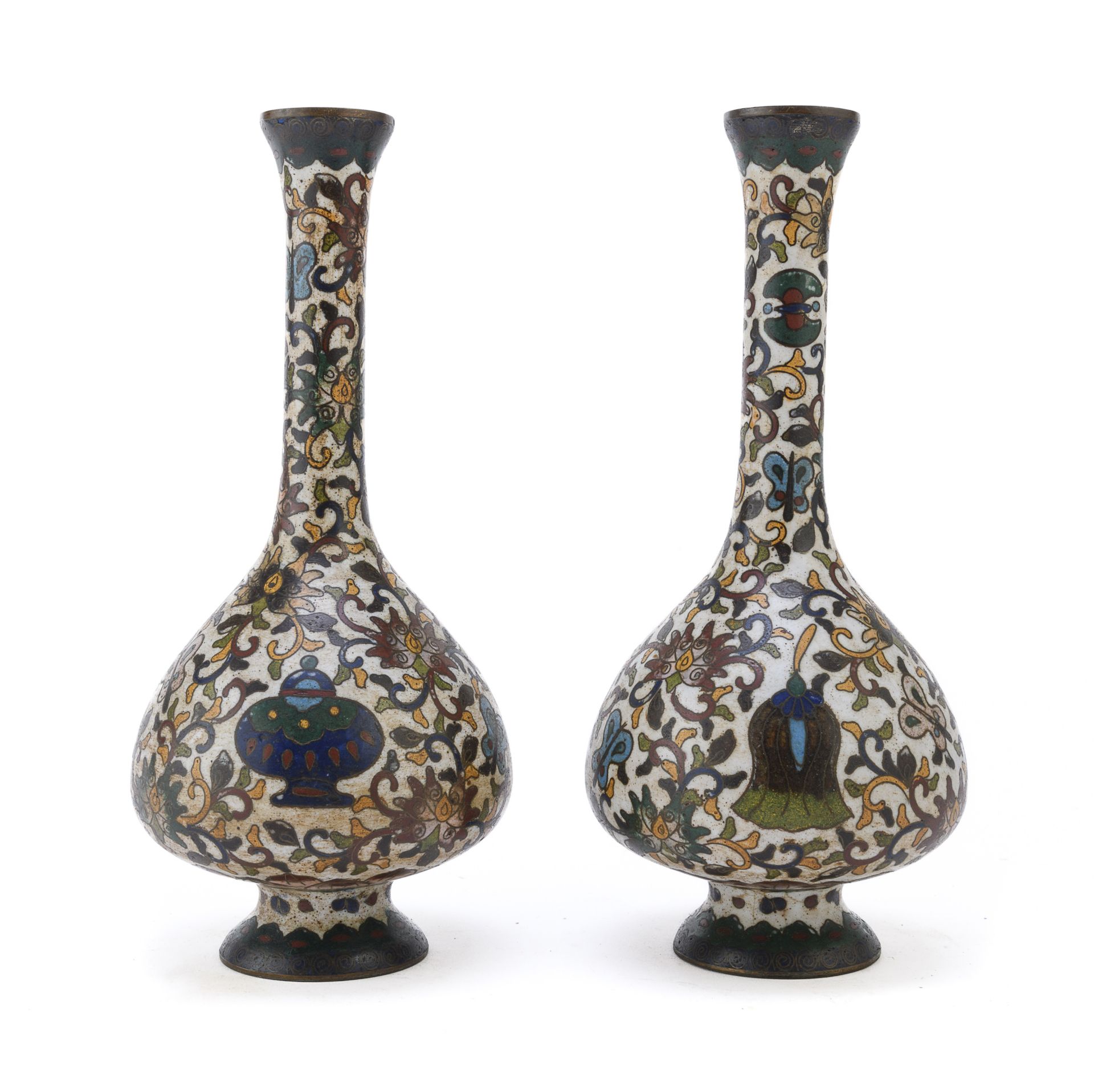 PAIR OF SMALL METAL VASES WITH CLOISONNÈ ENAMELS CHINA EARLY 20TH CENTURY