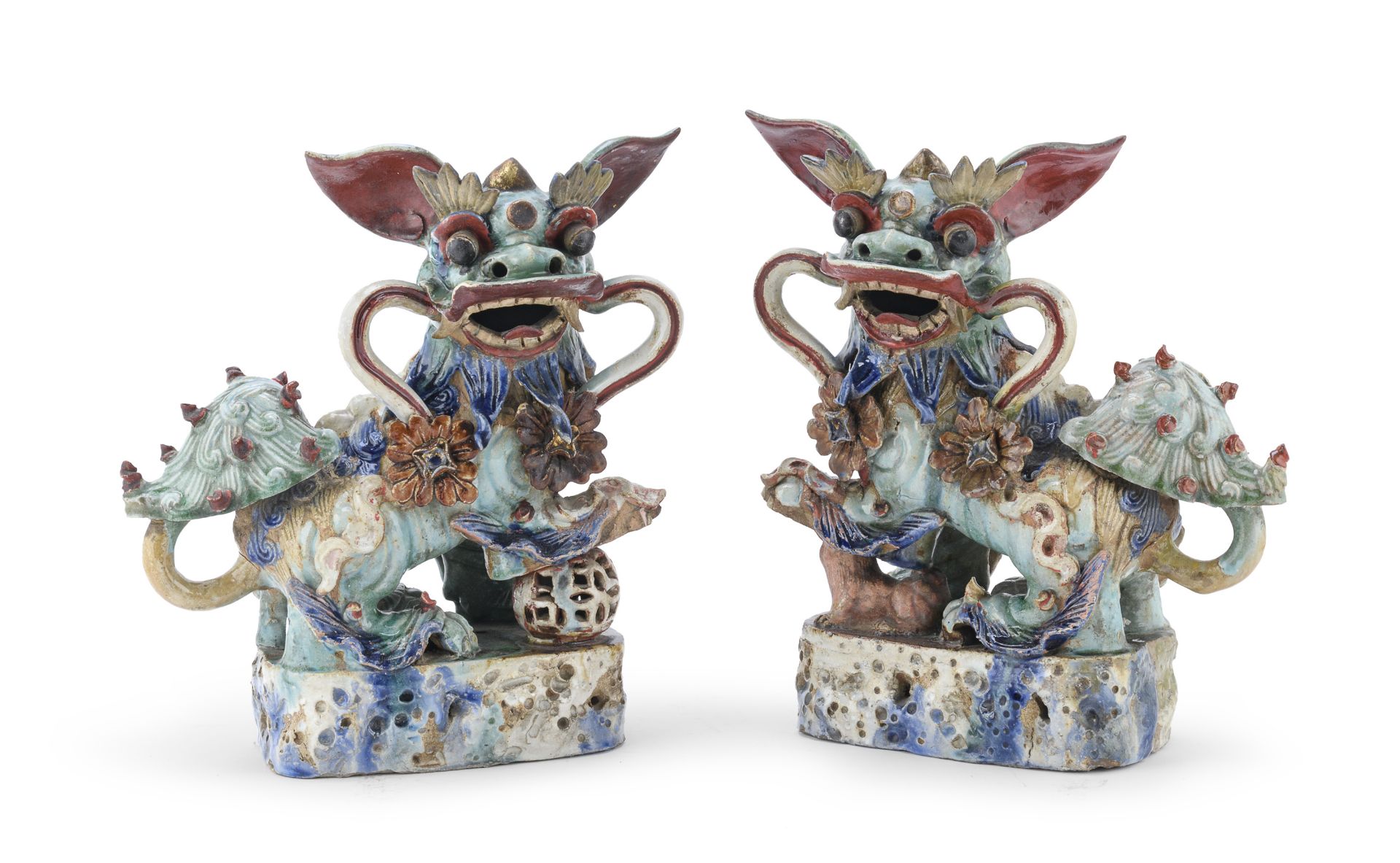 RARE PAIR OF POLYCHROME GLAZED CERAMIC SCULPTURES CHINA 18TH CENTURY