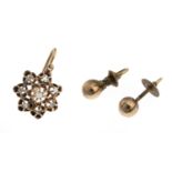 PAIR OF GOLD EARRINGS AND A GOLD SOLITAIRE EARRING