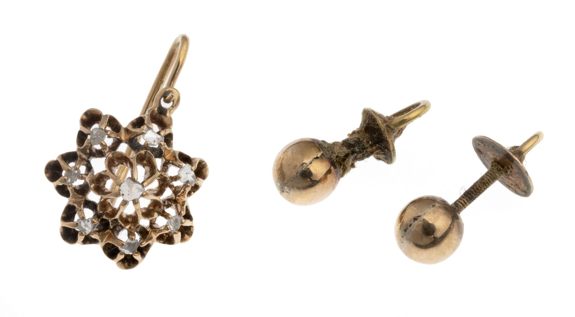PAIR OF GOLD EARRINGS AND A GOLD SOLITAIRE EARRING
