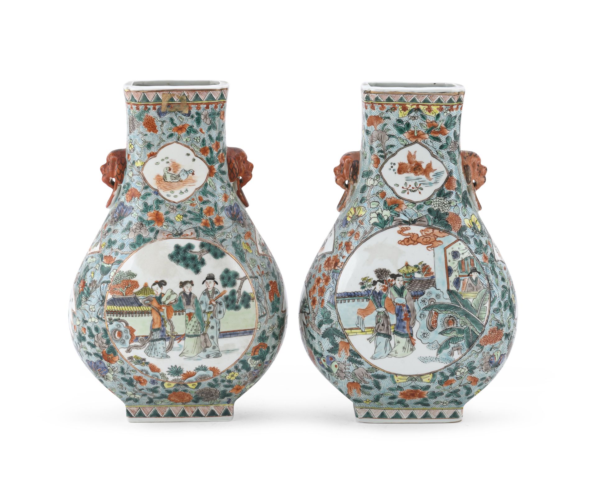 PAIR OF POLYCHROME ENAMELED PORCELAIN VASES CHINA 20TH CENTURY