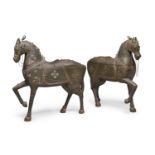 PAIR OF BIG COPPER COATED WOOD HORSES INDIA FIRST HALF 20TH CENTURY