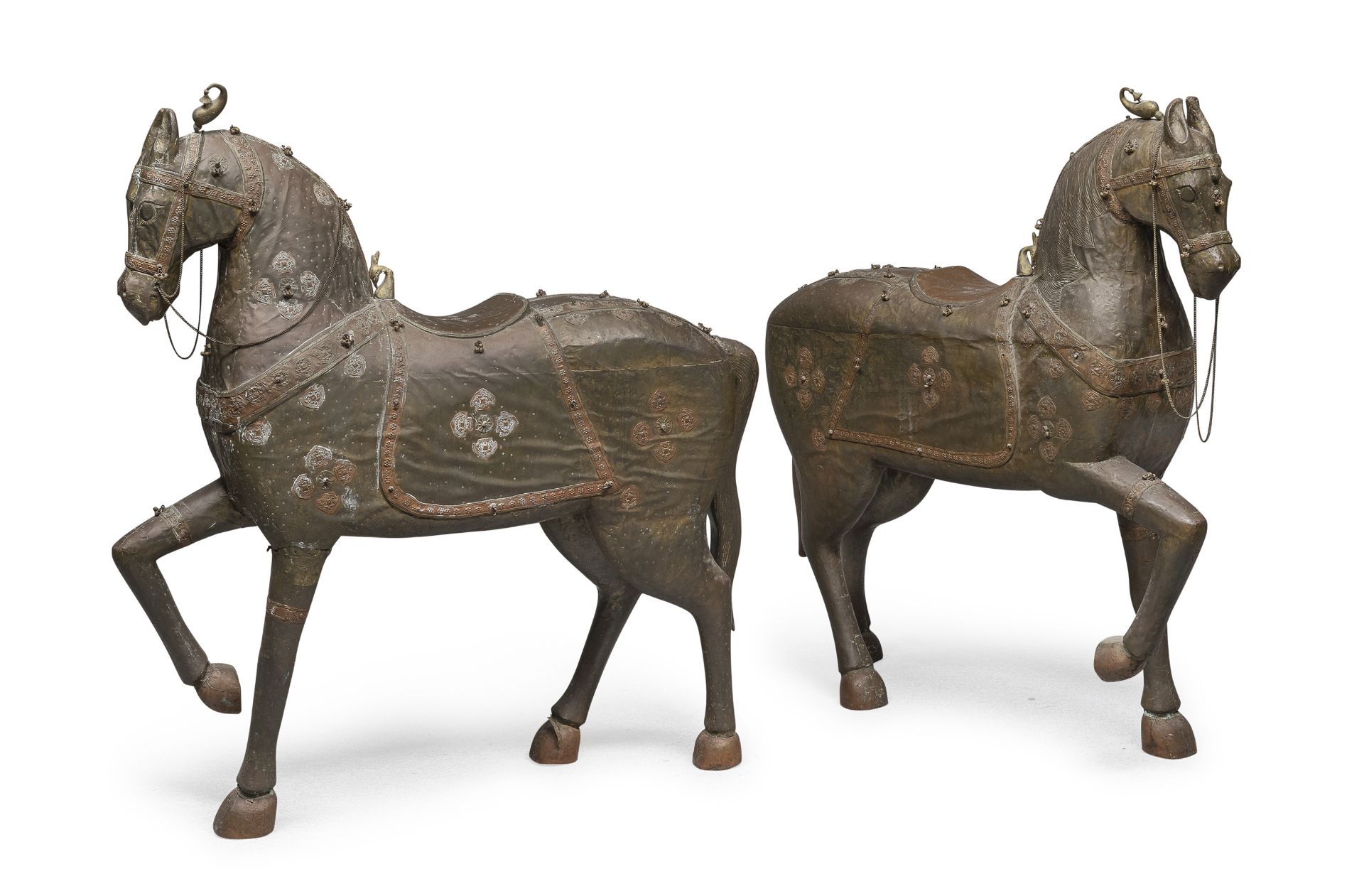 PAIR OF BIG COPPER COATED WOOD HORSES INDIA FIRST HALF 20TH CENTURY