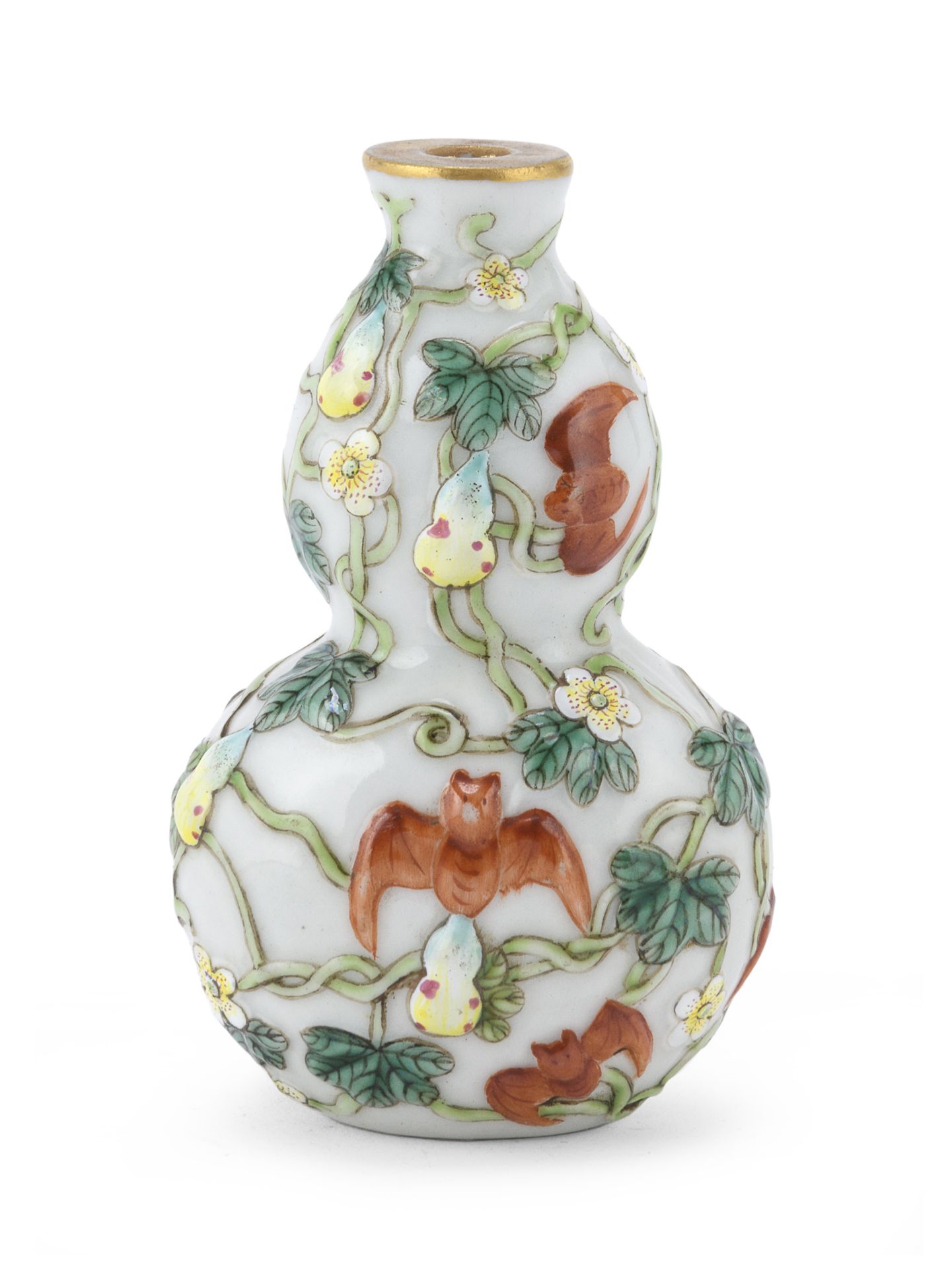 POLYCHROME AND GOLD ENAMELED PORCELAIN SNUFF BOTTLE, CHINA 20TH CENTURY