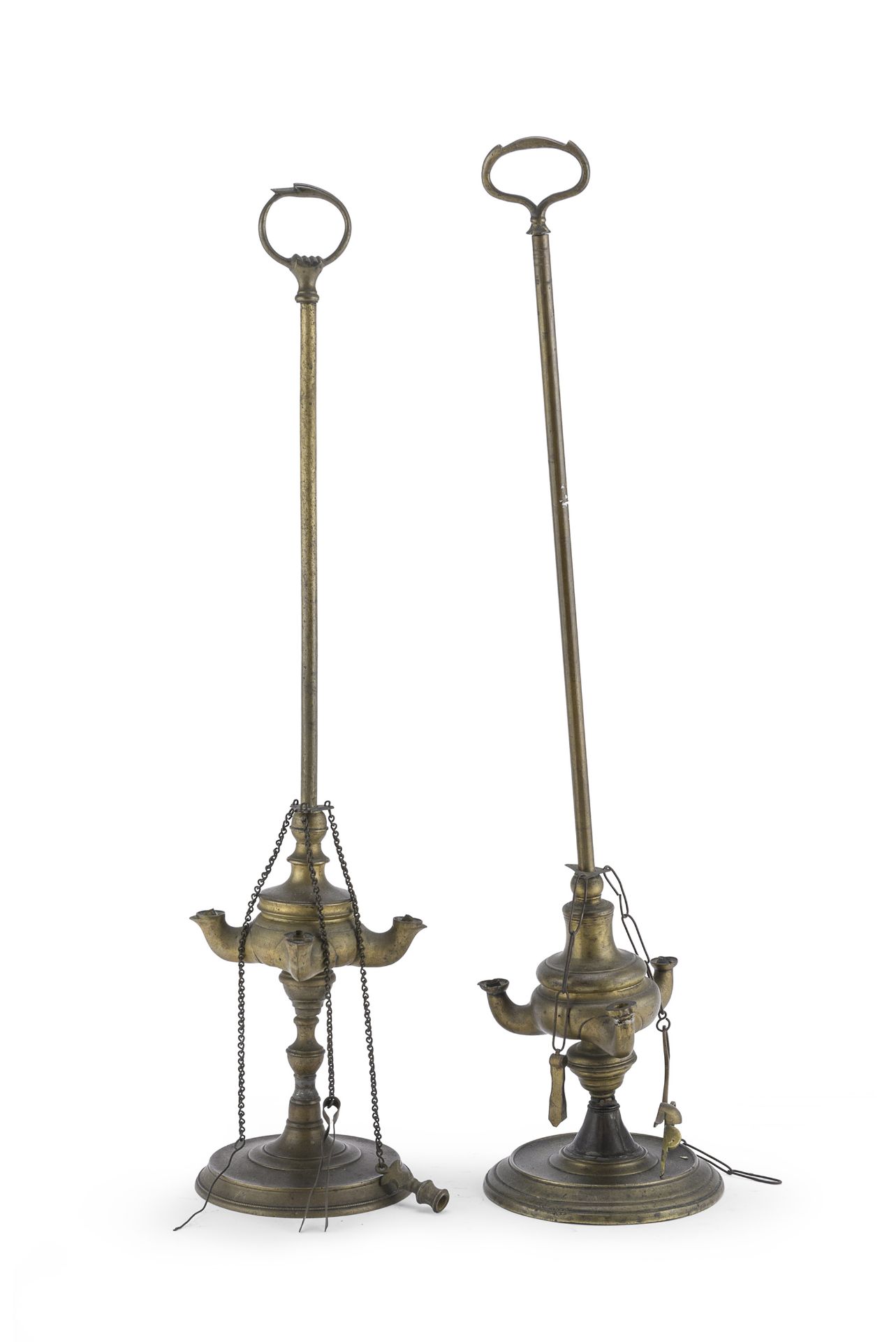 TWO GILT METAL FLORENTINE OIL LAMPS 19TH CENTURY