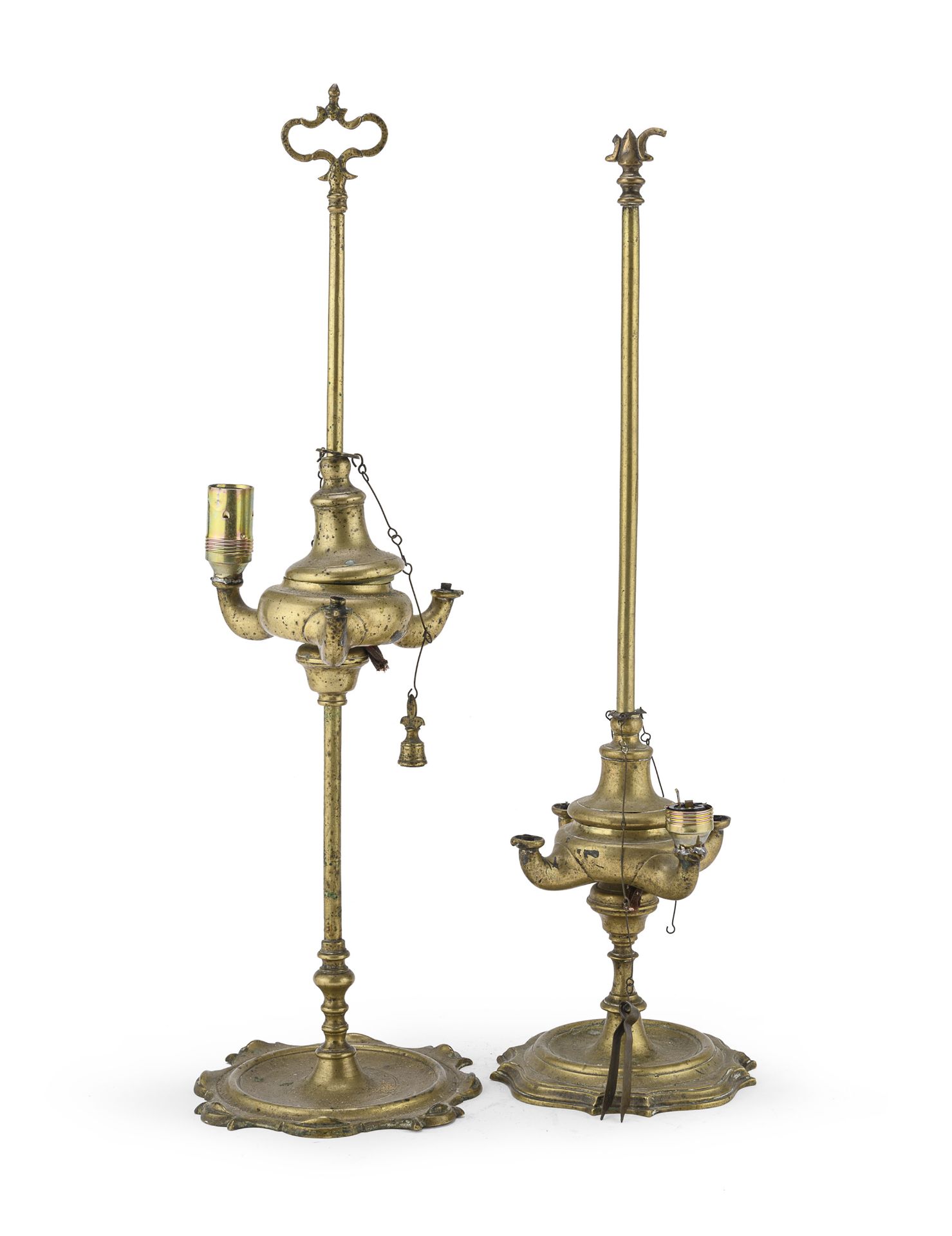 TWO GILDED METAL OIL LAMPS 19TH CENTURY