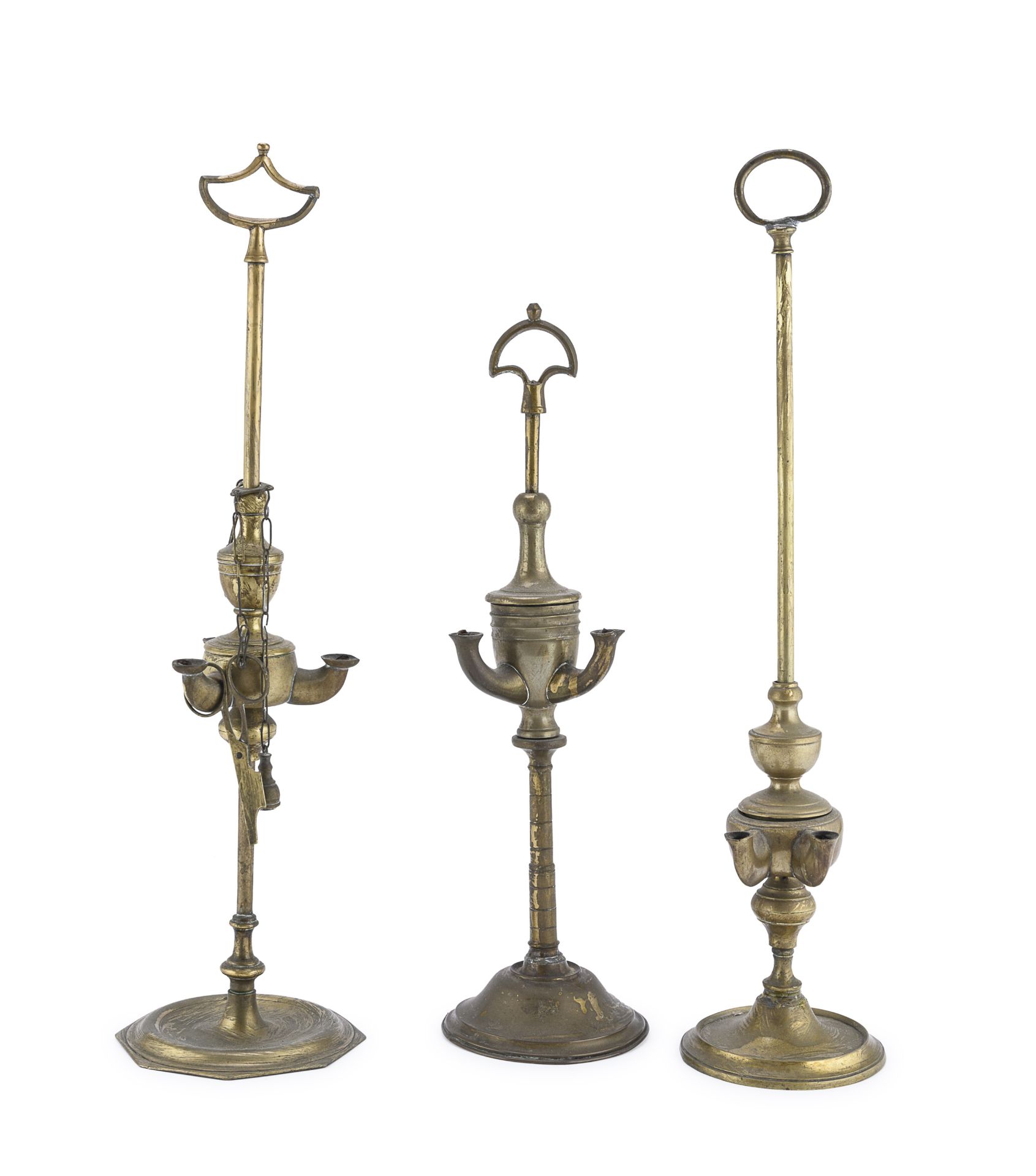 THREE GILT METAL OIL LAMPS 19TH CENTURY