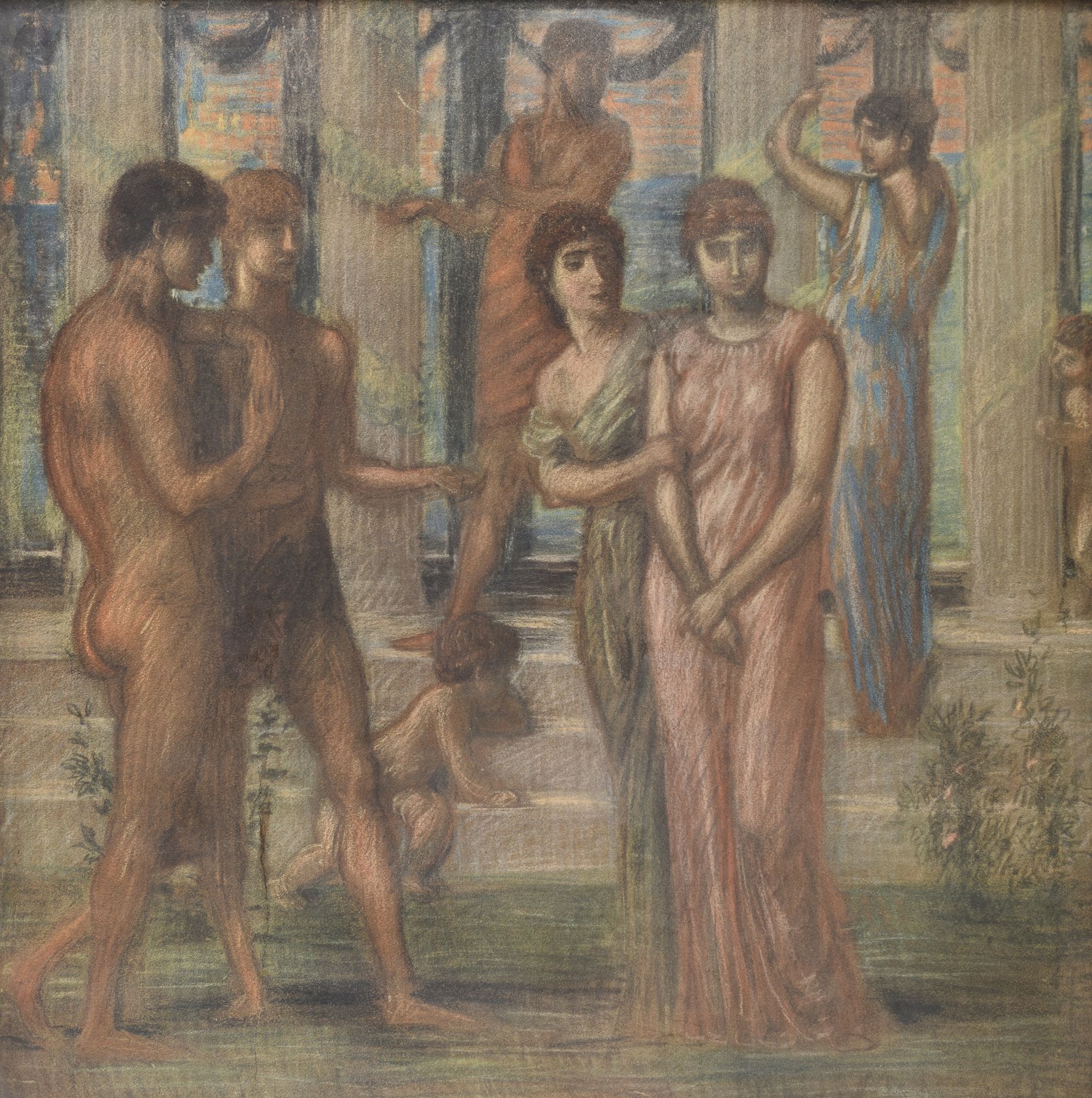 PASTEL DRAWING OF A CLASSIC SCENE BY SYMBOLIST PAINTER EARLY 20TH CENTURY