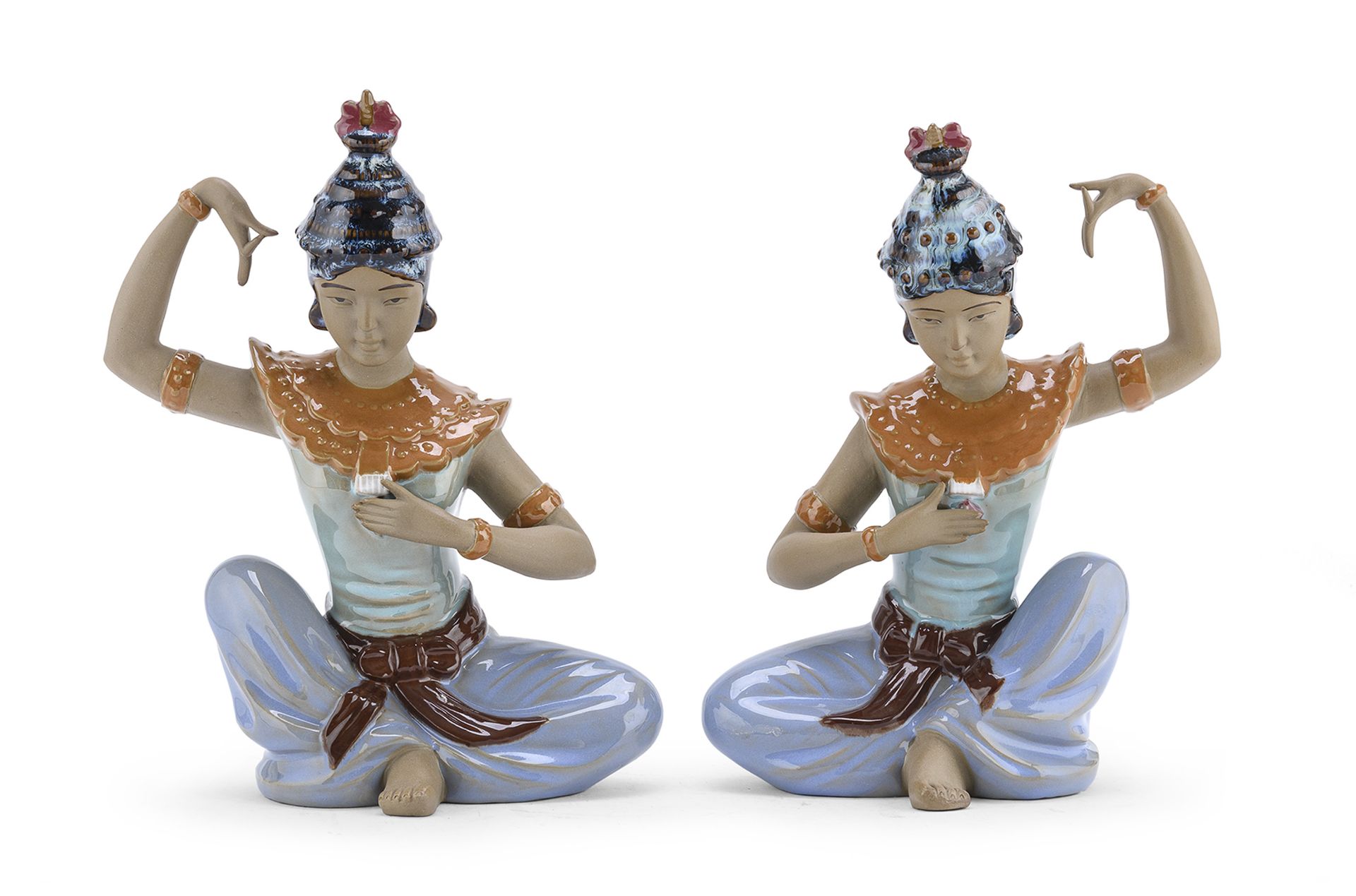 PAIR OF CERAMIC SCULPTURES OF THAI DANCERS CHINA WANJIAN POTTERY