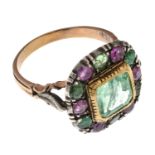 ANTIQUE STYLE GOLD AND SILVER RING WITH EMERALDS AND RUBIES