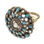 GOLD RING WITH TURQUOISES AND DIAMONDS