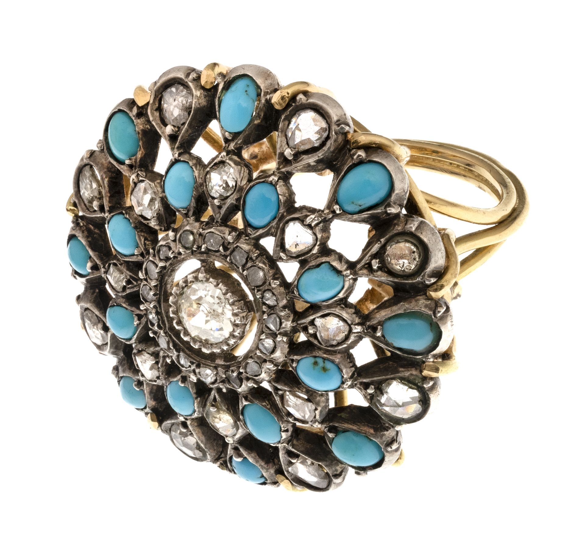 GOLD RING WITH TURQUOISES AND DIAMONDS
