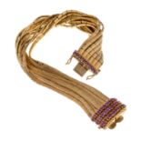 THIRTEEN STRAND GOLD MESH BRACELET WITH RUBIES