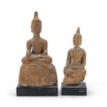 TWO LAOTIAN WOOD SCULPTURES OF BUDDHA 17TH CENTURY.