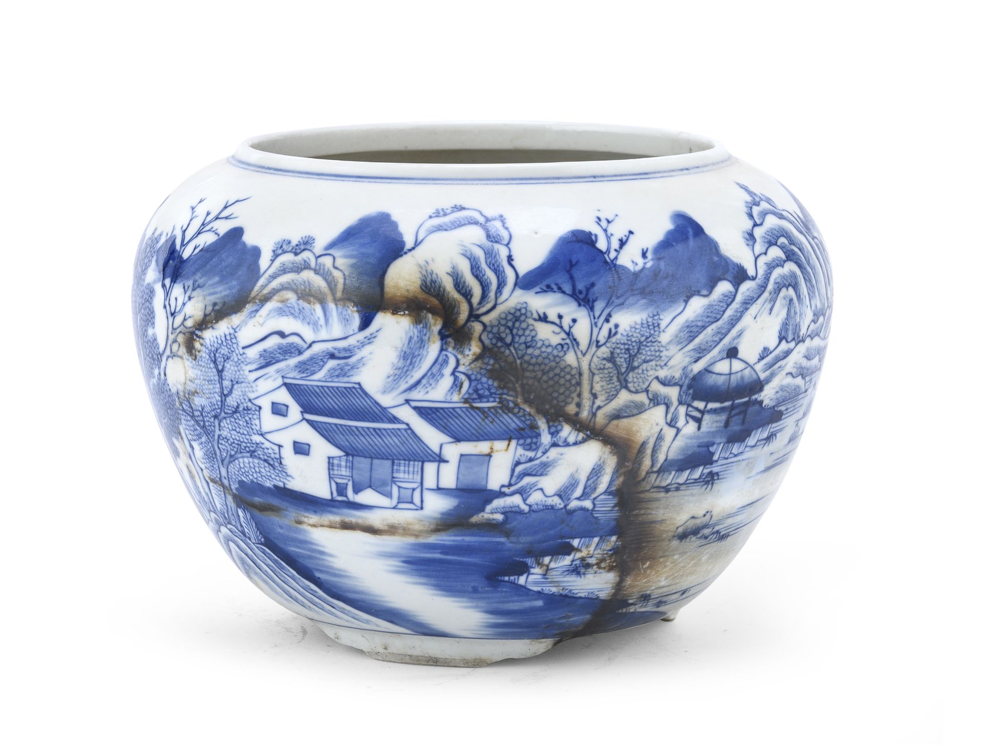 A CHINESE WHITE AND BLUE PORCELAIN CACHEPOT LATE 19TH CENTURY.