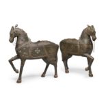 A PAIR OF INDIAN COPPER-PLATED WOOD SCULPTURES OF HORSES FIRST HALF 20TH CENTURY. DEFECTS.