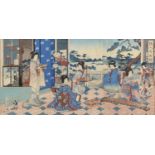 WATANABE NOBUKAZU (1872-1944). MUSIC CONTEST OF BEAUTIES TRIPTYCH OF WOODCUT. SIGNED