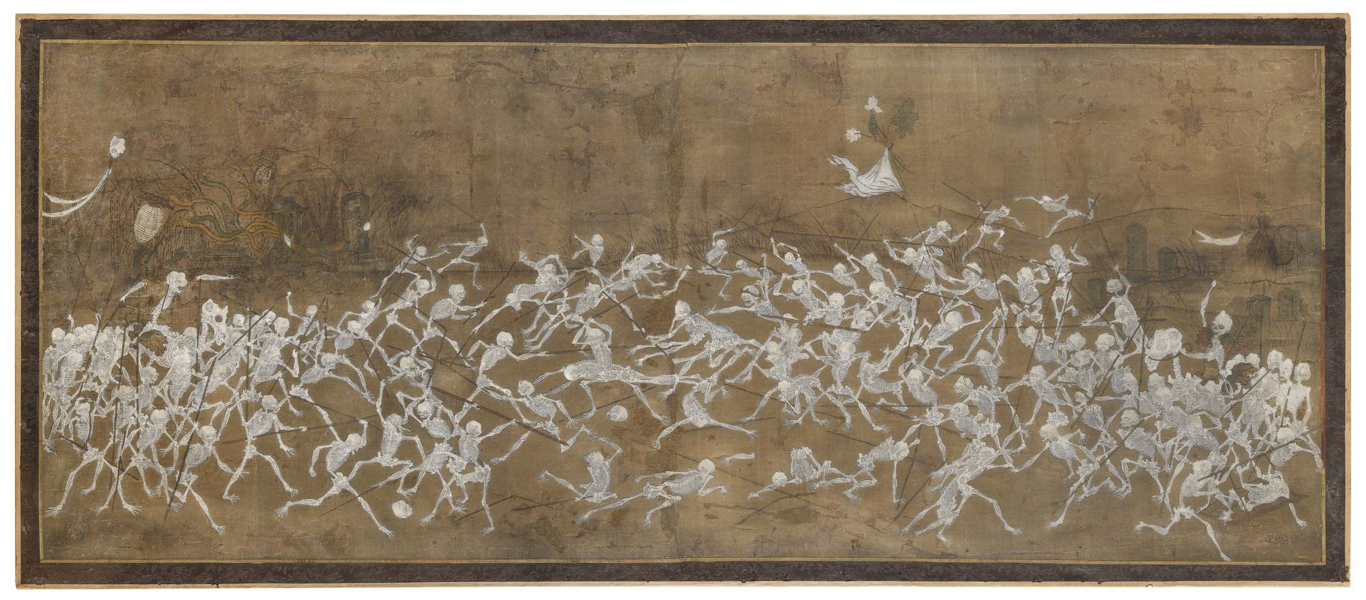 A JAPANESE MIXED MEDIA ON SILK DEPICTING BATTLE WITH SKELETONS. MEIJI PERIOD (1868 - 1912).