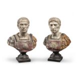 PAIR OF BUSTS OF ROMAN EMPERORS IN MARBLE DUST AND PLASTER EARLY 20TH CENTURY