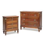 MAHOGANY STAINED WOOD CHEST AND BEDSIDE TABLE 20TH CENTURY