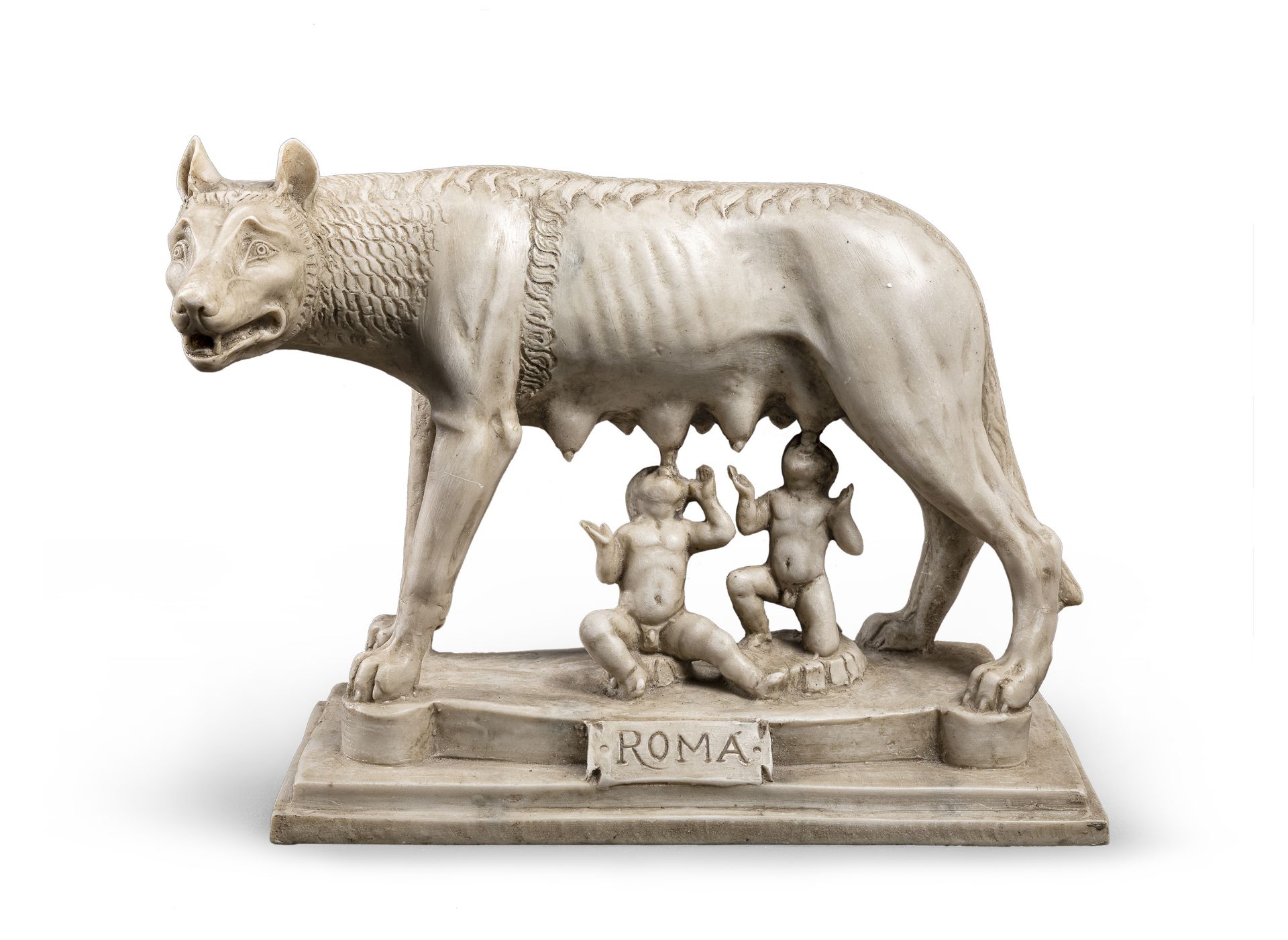 SCULPTURE OF THE WOLF OF ROME IN MARBLE DUST AND PLASTER EARLY 20TH CENTURY